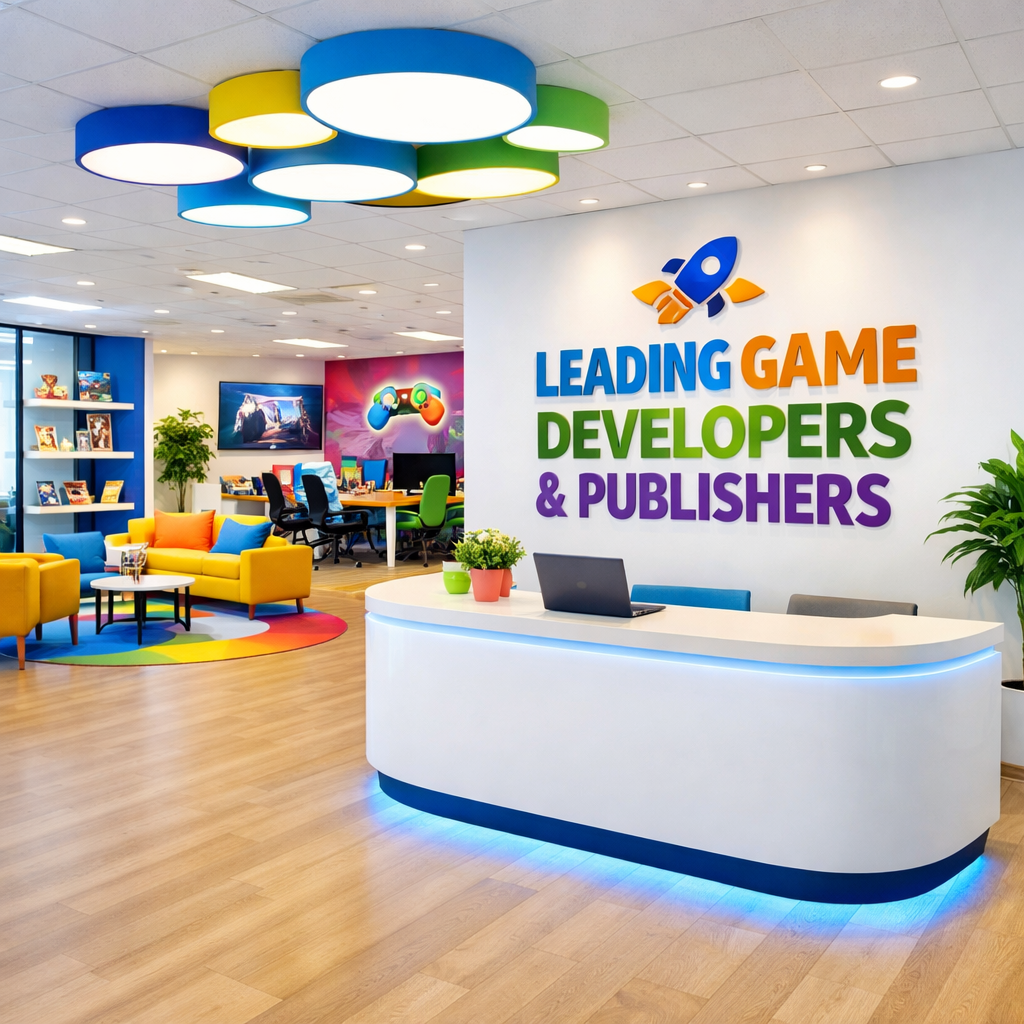photographic Leading global PC and mobile game developers and publishers office with clean look without any people Use more bright colors