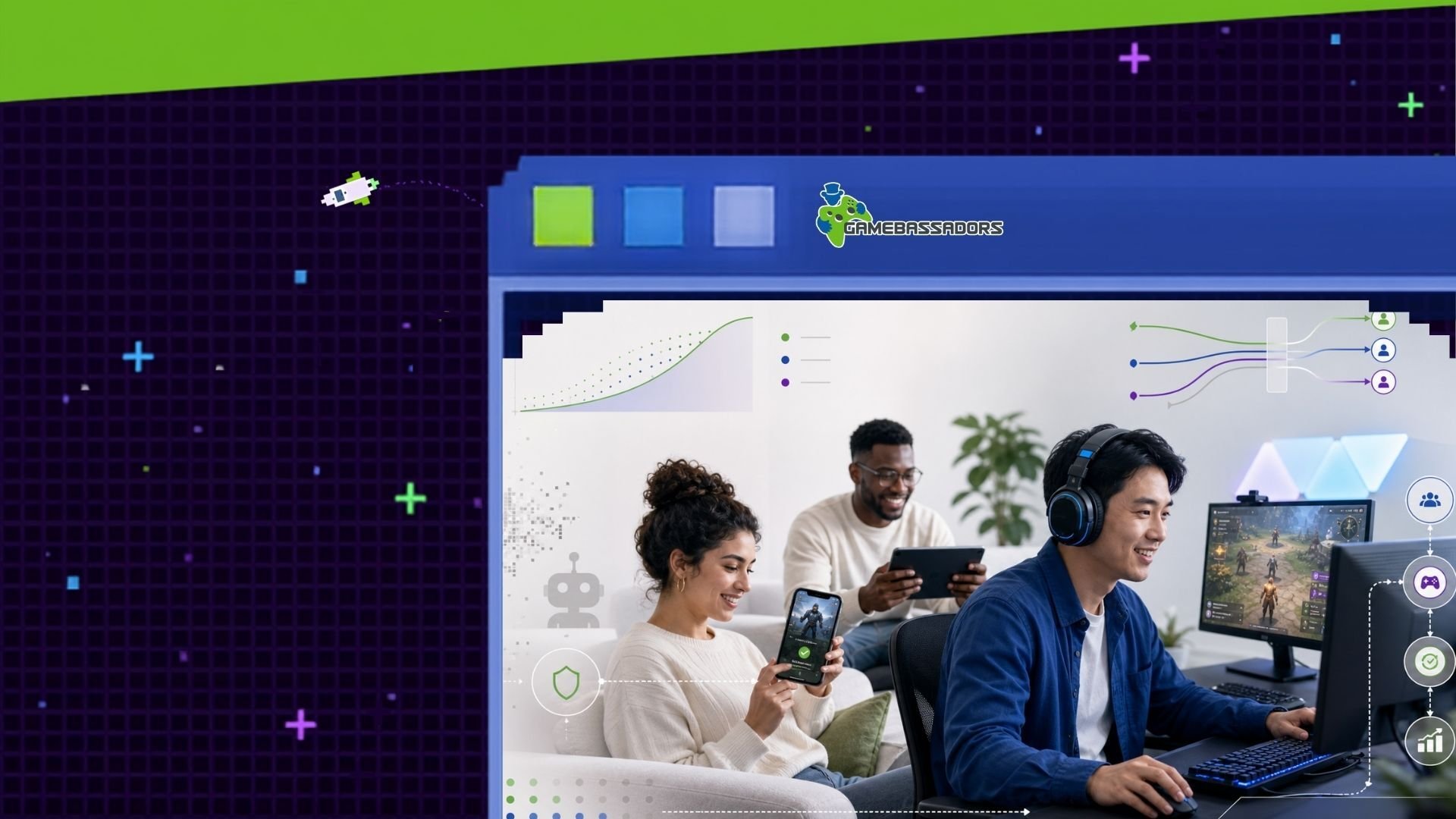 Editorial image showing engaged mobile and PC game players alongside subtle retention, fraud-prevention, and player-value data overlays.
